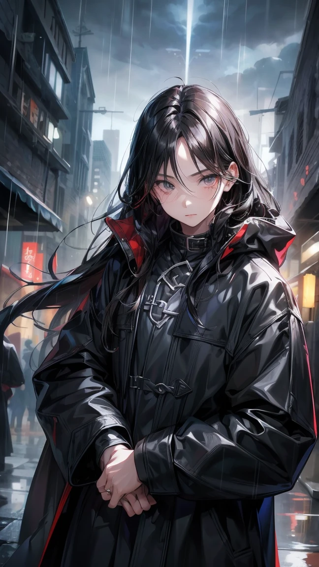 1 Boy,long black hair,of the night city,rain,coat,Hands in pockets,Always very lazy,Hair with white highlights of different textures,Turn your face slightly,Black Death Personification
