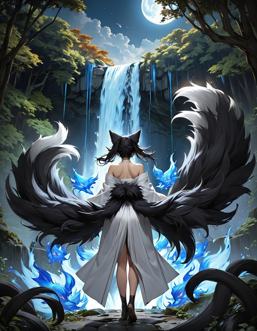 ((full body shot at distance)) , (((1girl))), (realistic fox-girl with black hair and nine tails surrounded by motes of blue fire, looking at a waterfall) , (nine tails with black fur:2.0 ) , (image centered on subject, with her tails spread, ((((((((tails behind subject)))))))), ), ((pov, from behind)), ((waterfall)), moon , (anatomical perfect), (beautiful human face, high cheekbones, green eyes fox ears) , (very detailed ankle length kimono with a loose fit:1.5 ) , inspired by Sugimura Jihei, delicate and fine, (tentacles:fox tails:0.5), white form, inspired by Sōami, jormungand, mystical creatures, realistic, ultra detailed, dynamic pose, moonlit night detailed forest background, vegetation in the foreground