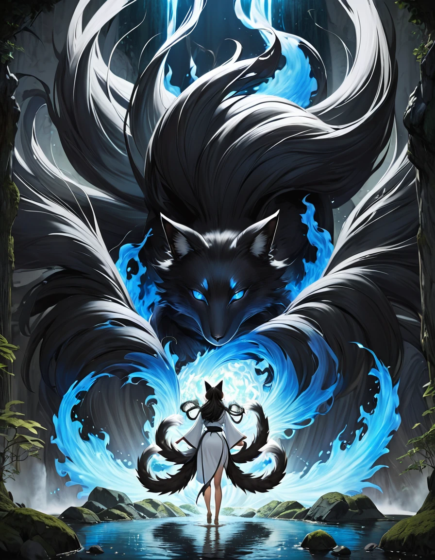 ((full body shot at distance)) , (((1girl))), (realistic fox-girl with black hair and nine tails surrounded by motes of blue fire, looking at a waterfall) , (nine tails with black fur:2.0 ) , (image centered on subject, with her tails spread, ((((((((tails behind subject)))))))), ), ((pov, from behind)), ((waterfall)), moon , (anatomical perfect), (beautiful human face, high cheekbones, green eyes fox ears) , (very detailed ankle length kimono with a loose fit:1.5 ) , inspired by Sugimura Jihei, delicate and fine, (tentacles:fox tails:0.5), white form, inspired by Sōami, jormungand, mystical creatures, realistic, ultra detailed, dynamic pose, moonlit night detailed forest background, vegetation in the foreground