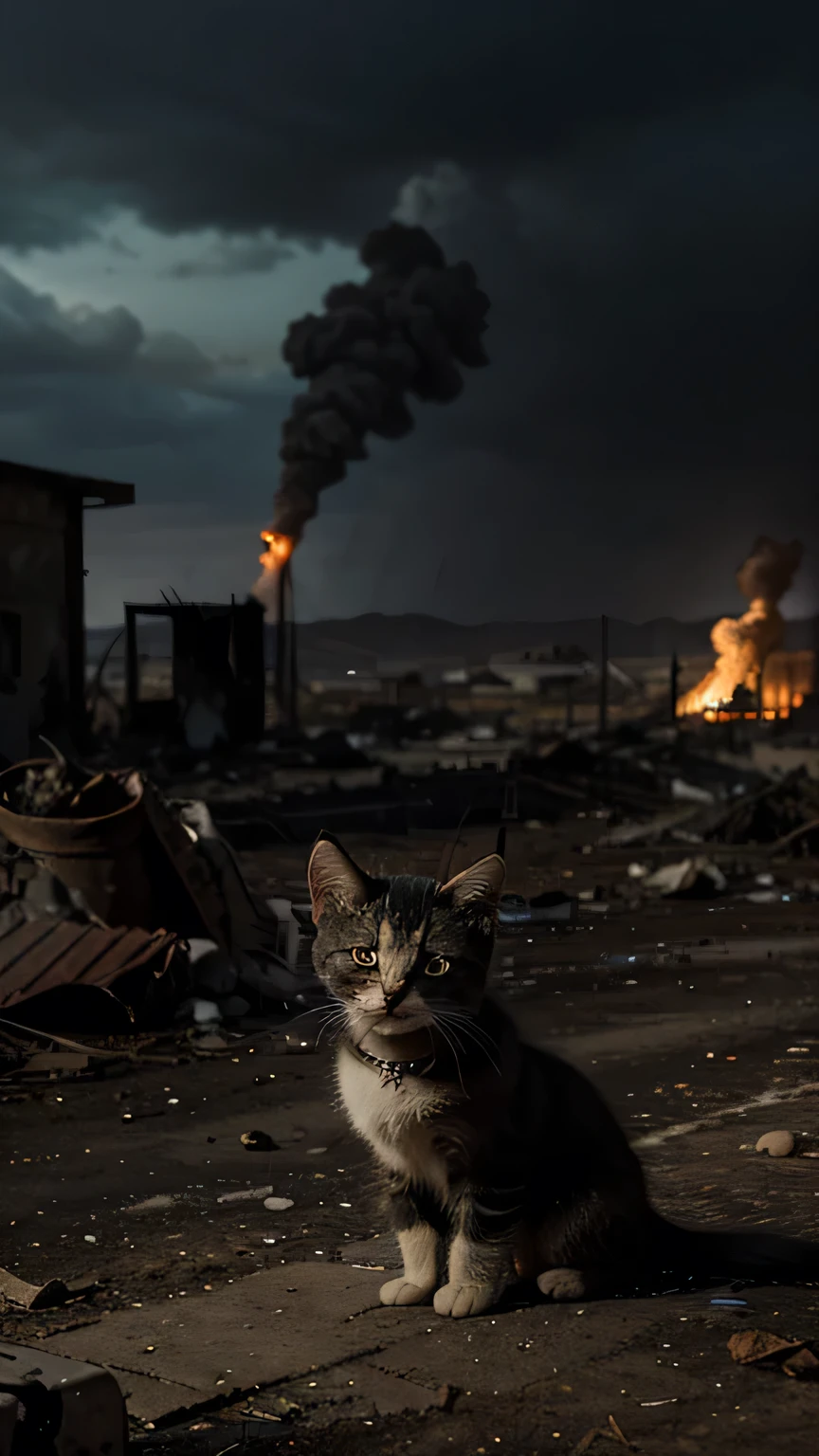 Create a hyper-realistic image of a distressed kitten in a war-torn environment. The scene is set in a dark, cloudy, post-apocalyptic landscape with ruined buildings, a burning fire, and debris scattered around. A military helicopter is flying in the background. The kitten is in the foreground, with bloodstains on its fur and tears streaming from its eyes. Its expression should convey fear and sorrow, and its fur should be matted and dirty from the environment. The lighting should be dramatic, with shadows accentuating the grim setting. Pay close attention to the details of the kitten's fur, the texture of the ground, and the smoke from the fire