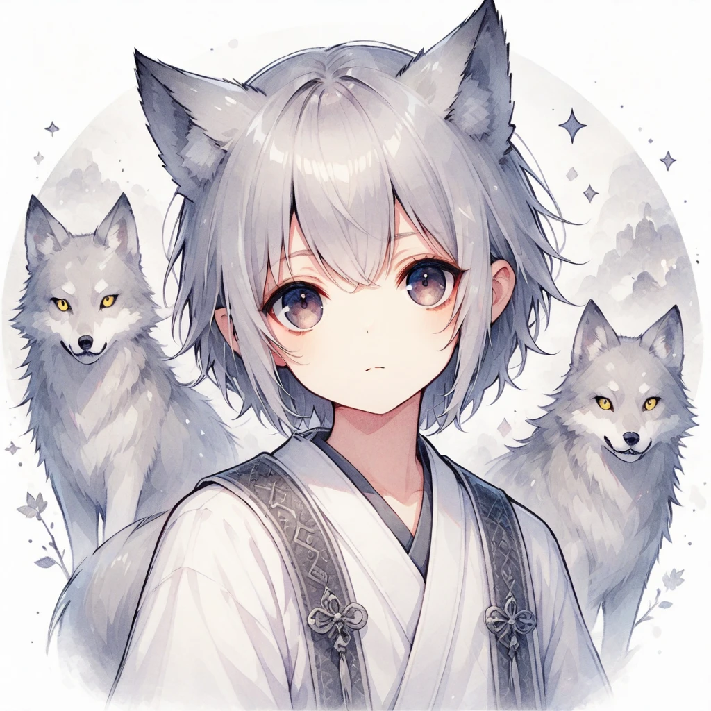 Gray Hair,Dark Eyes,Wolf Ears,boy