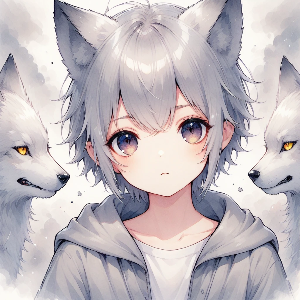 Gray Hair,Dark Eyes,Wolf Ears,boy