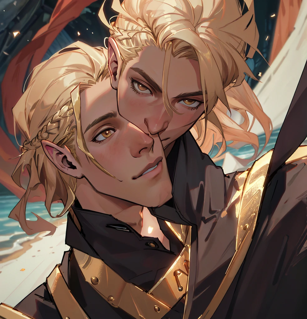 (Highest quality, masterpiece, Very detailedな, Very detailed, Exquisite, 16K,Full HD),No text,Golden Hair,zevran,male