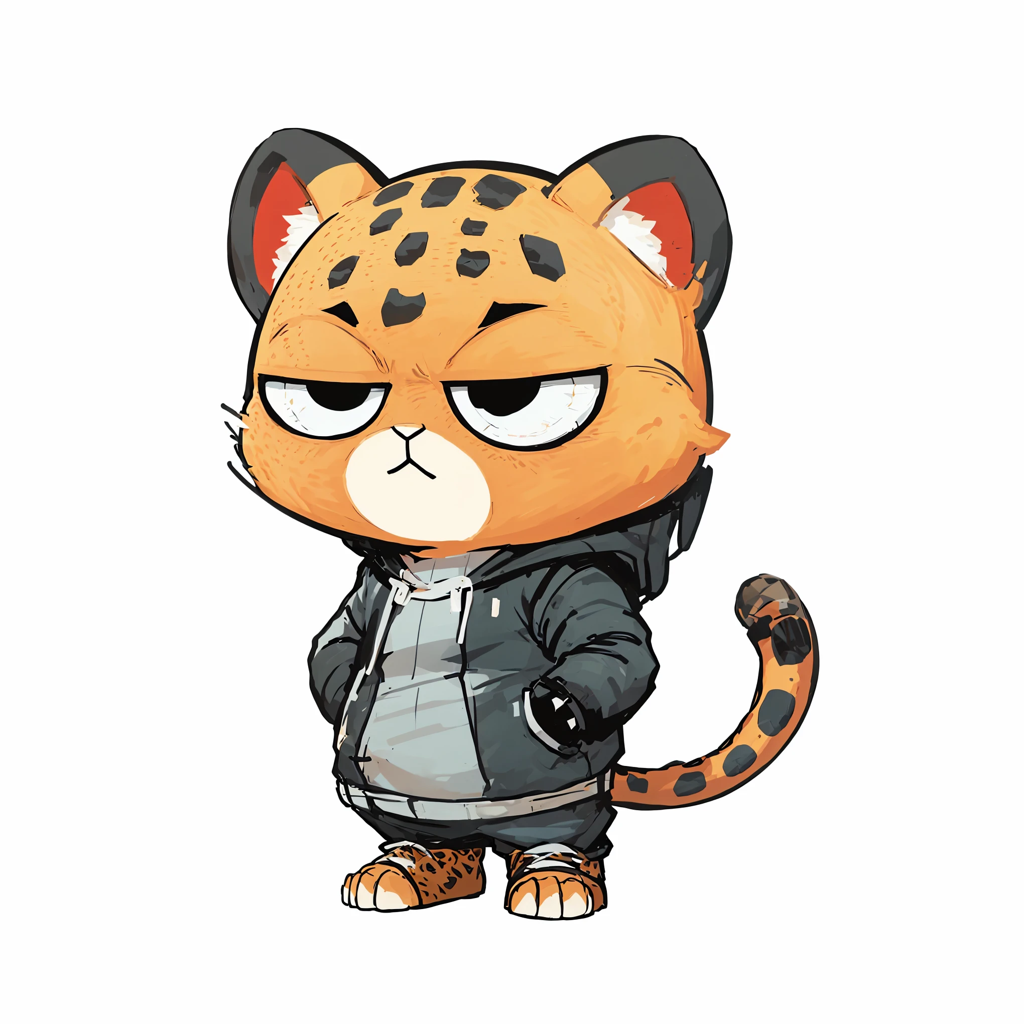 Cartoon image of A Cool Leopard wearing black hoodie, hands in pockets, Black pants, Red sneaker, Cartoon style illustration, Cartoon Art Style, Cartoon Art Style, Digital illustration style, Highly detailed character design, cute detailed digital art, Fan Art, Animal Sticker, Animal Character Design, Sticker Design, beautiful digital illustration, high quality full body sticker, Comic art, Kawaii Character Design, Chibi, Chibi Design, white background