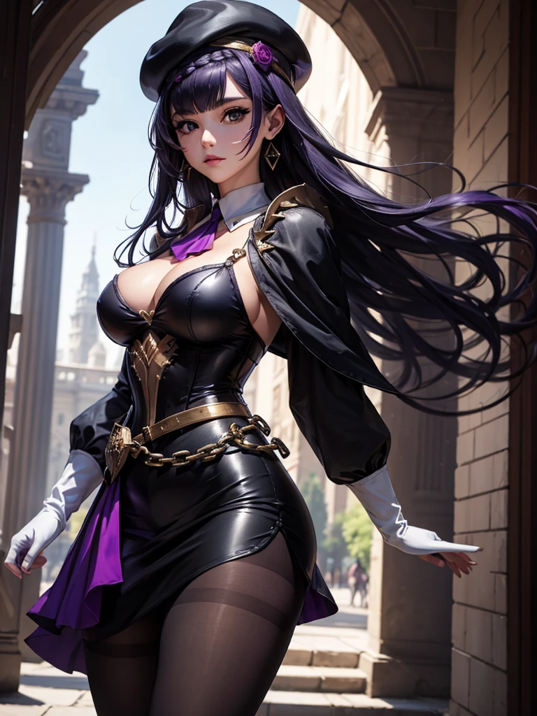 masterpiece, 32k uhd best quality, highly detailed, 1 girl, solo, giclorinde, purple eyes, big breasts, hair between eyes, long hair, dark blue hair, earrings, black skirt, miniskirt, pantyhose, purple ascot, purple capelet, black corset , black pantyhose, black skirt, white gloves, hat, tricorn hat, in fontaine.
