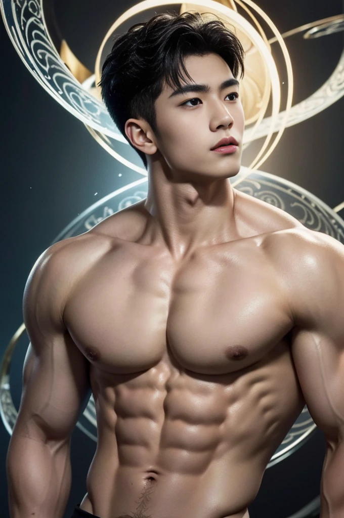 Mind control, hypnotic spiral, (masterpiece, ultra quality, high resolution, 8k, intricate: 1.2), (detailed face:1.2), handsome, Young Korean man, white skin, double eyelids, detailed skin, 1boy, ((realistic)), abs, good lighting quality, muscle veins, ((pale skin)), side view, lust face, (hypnotic), (viewer pop:1.3), full body shot,