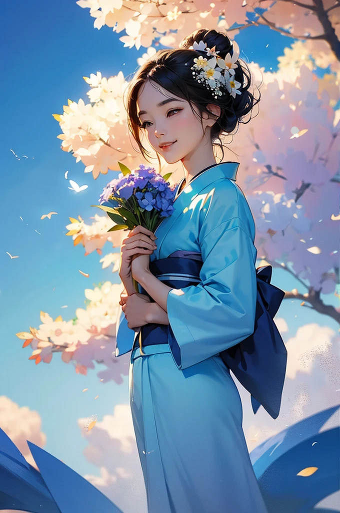 Under a clear blue sky, a beautiful woman wearing a blue kimono smiles while holding a bouquet of flowers.