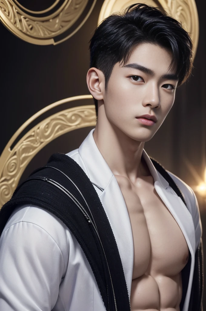 Mind control, hypnotic spiral, (masterpiece, ultra quality, high resolution, 8k, intricate: 1.2), (detailed face:1.2), handsome, Young Korean man, white skin, double eyelids, detailed skin, 1boy, ((realistic)), abs, good lighting quality, muscle veins, ((pale skin)), side view, lust face, (hypnotic), (viewer pop:1.3), full body shot,