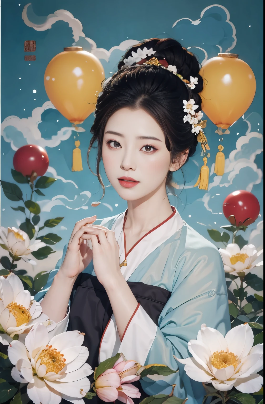 balloon，Official Art， Unity 8k Wallpaper， Extremely detailed， Pretty and beautiful， masterpiece， Best quality， （Realistically：1.4）， （Dynamic Angle：1.4）， grace， Bright colors， ， Zhong Fenghua， 1 Girl， Lips slightly open， （Flowers twinkle：1.5）， （solo：1.5）， （Look at the lens：1.3）， Umbellate， （see through hanfu：1.3）， （Small Flower：1.5）， （plaster：1.3）， （Flowering：1.3）， Radiant Skin， （Floating colored flashes：1）The most beautiful form of chaos， （Pastel background：1.5）， （Traditional Chinese landscape painting background：1.3），  Full Body Love，Normal fingers，Only two hands，