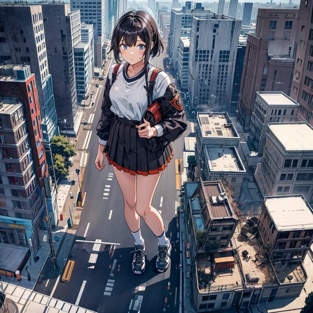 Top view 道路の上にGiant Girlがたっている Burning and destroyed city ruins Rubble pile Giant Girl Black Hair skirt sneakers beautiful girl Metropolis