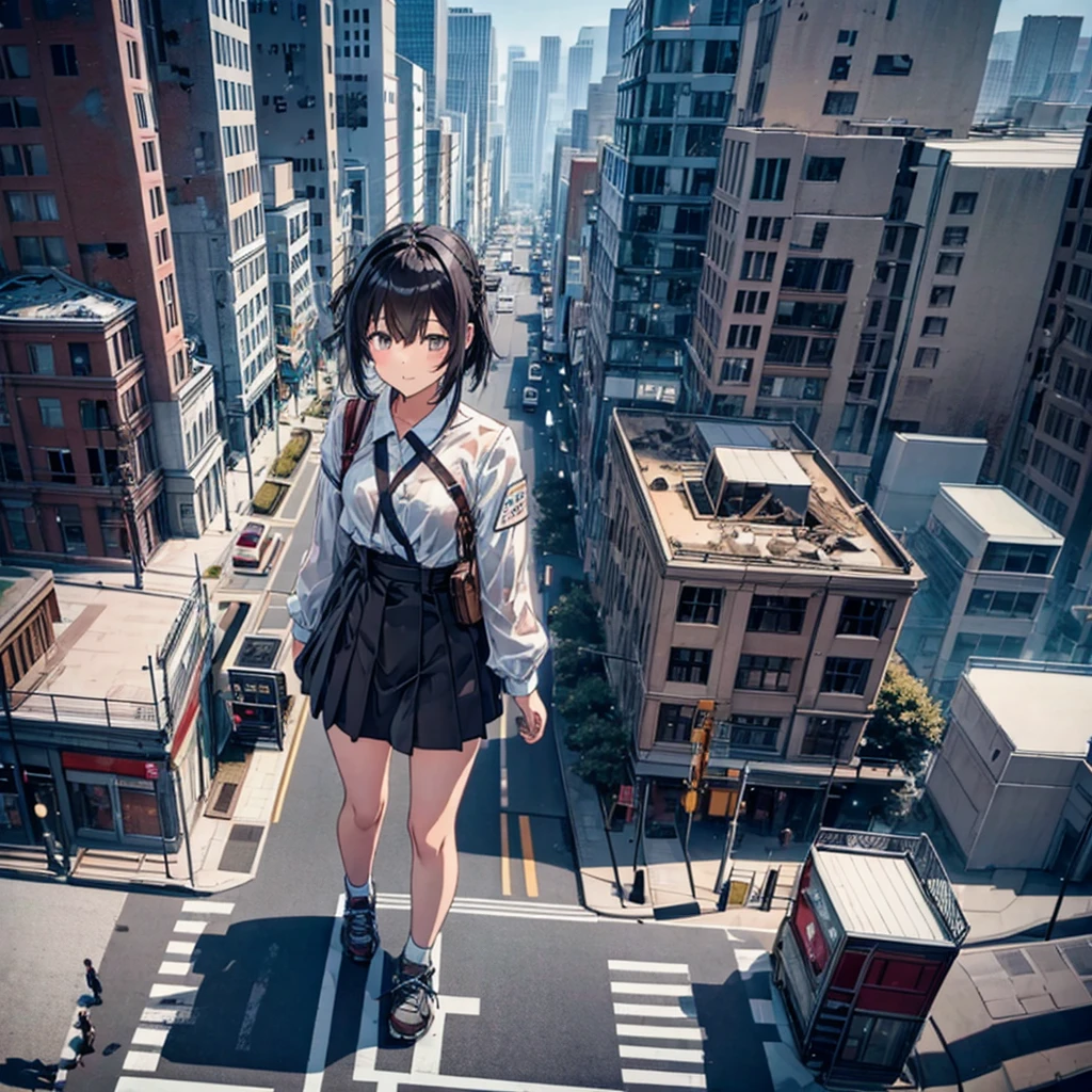 Top view　道路の上にGiant Girlがたっている　Burning and destroyed city　ruins　Rubble pile　Giant Girl　Black Hair　skirt　sneakers　beautiful girl　Metropolis　