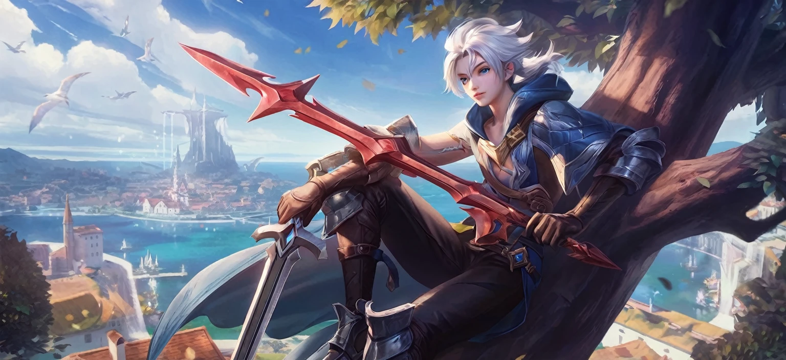 anime - style image of a female character sitting on a tree with a sword, ashe, official splash art, riven, iconic character splash art, from league of legends, league of legends character, amazing portrait of viego, character splash art, extremely detailed artgerm, league of legends splash art, league of legends character art, splash art