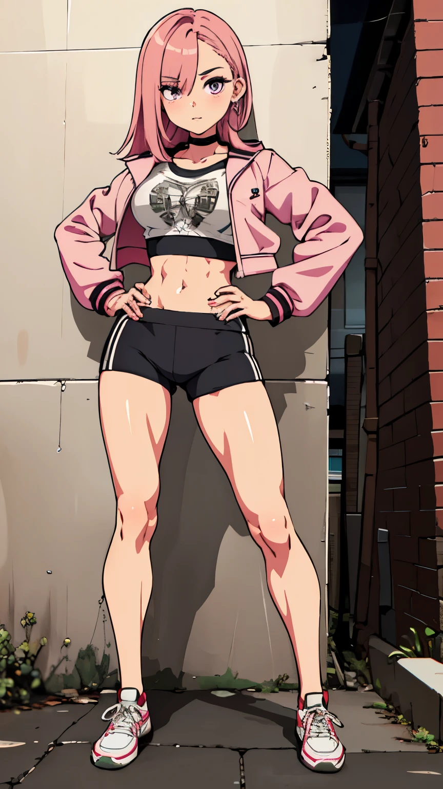 (masterpiece, best quality, 1girl, solo, intricate details, chromatic aberration), realistic, ((medium breath)),long hair, pink hair, red head ornament, pink highlights, hair over one eye,purple eyes, earrings, sharp eyes, choker, neon shirt, open jacket, crop top, (symmetry eyes),(perfect symmetrical body),against wall, brick wall, graffiti, dim lighting, alley ,look at viewer, woman at a gym, cute, front Pose, fitness girl, standing, erect Pose, symetrical, fitness model, skinny, Red sneakers, best qualityer, relaxed arms, hands down, ankle, fullbody view, stand straight with your back upright. Keep your shoulders back and maintain a straight line from your head to your feet.