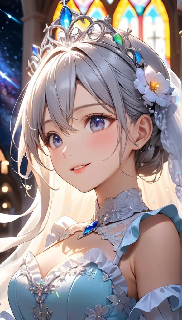 Highest quality, Great quality, 16K, Unbelievably absurd, Very detailed, 2.5D, delicate and dynamic, church, Brightly colored stained glass, Small faint lights and flying fireflies, night, Starry Sky, milky way, nebula, shooting star, Flowers, Wind and Moon, Very delicate look, Delicate eye depiction, Upper body close-up, erotic, Only sexy women, Healthy body shape, 22-year-old woman, bride, height: 160cm, big, Hard, Swaying bust, Colorful Tiaras, Long wedding dress with complex structure, Colorful long wedding dresses, See-through long ruffle wedding dress, Long cape silver hair from head, smile, Kiss of Promise