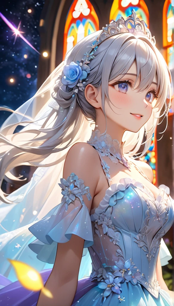 Highest quality, Great quality, 16K, Unbelievably absurd, Very detailed, 2.5D, delicate and dynamic, church, Brightly colored stained glass, Small faint lights and flying fireflies, night, Starry Sky, milky way, nebula, shooting star, Flowers, Wind and Moon, Very delicate look, Delicate eye depiction, Upper body close-up, erotic, Only sexy women, Healthy body shape, 22-year-old woman, bride, height: 160cm, big, Hard, Swaying bust, Colorful Tiaras, Long wedding dress with complex structure, Colorful long wedding dresses, See-through long ruffle wedding dress, Long cape silver hair from head, smile, Kiss of Promise