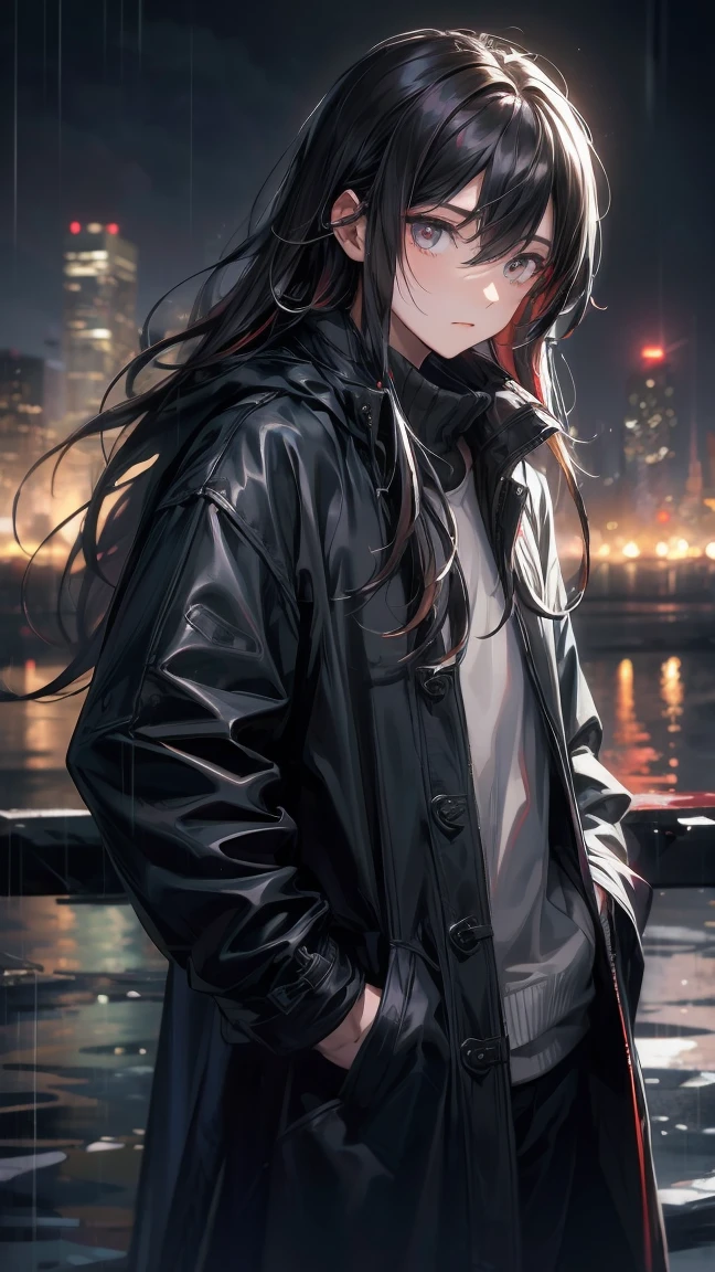 1（boy）,long black hair,of the night city,rain,coat,Hands in pockets,Always very lazy,Hair with white highlights of different textures,Turn your face slightly,mystery