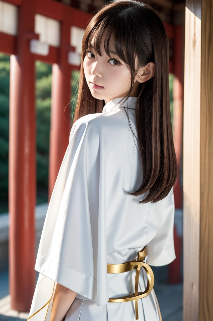 Japanese female priest、The costume is mainly white with red lines running down the shoulders.、Sideways、I'm letting my hair down、Holding a pair of silver thread scissors、Gold hair ornament on the back of the head、Dark brown hair、Straight Long Hair、In the temple grounds、Upper body close-up
