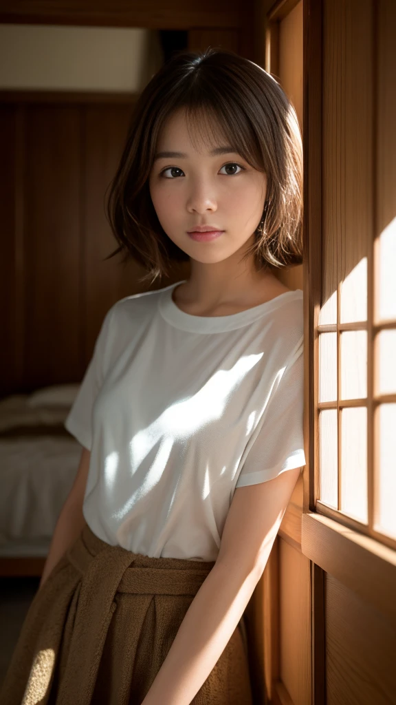 (8k, Highest quality, masterpiece: 1.4), Very detailedな, Highest quality, Ultra-high resolution, Written boundary depth,(Realistic:1.4,RAW shooting,)Ultra-Realistic Capture,(Very detailed,High definition 16K), cute, girl, Brown Hair, Japanese, -yeld gi Mr..々Pause, Wavy Hair, (face,front), (indoor:1.4), (Sunlight streaming through the window), Face Up Shot, short hair, (Inside the room:1.4)