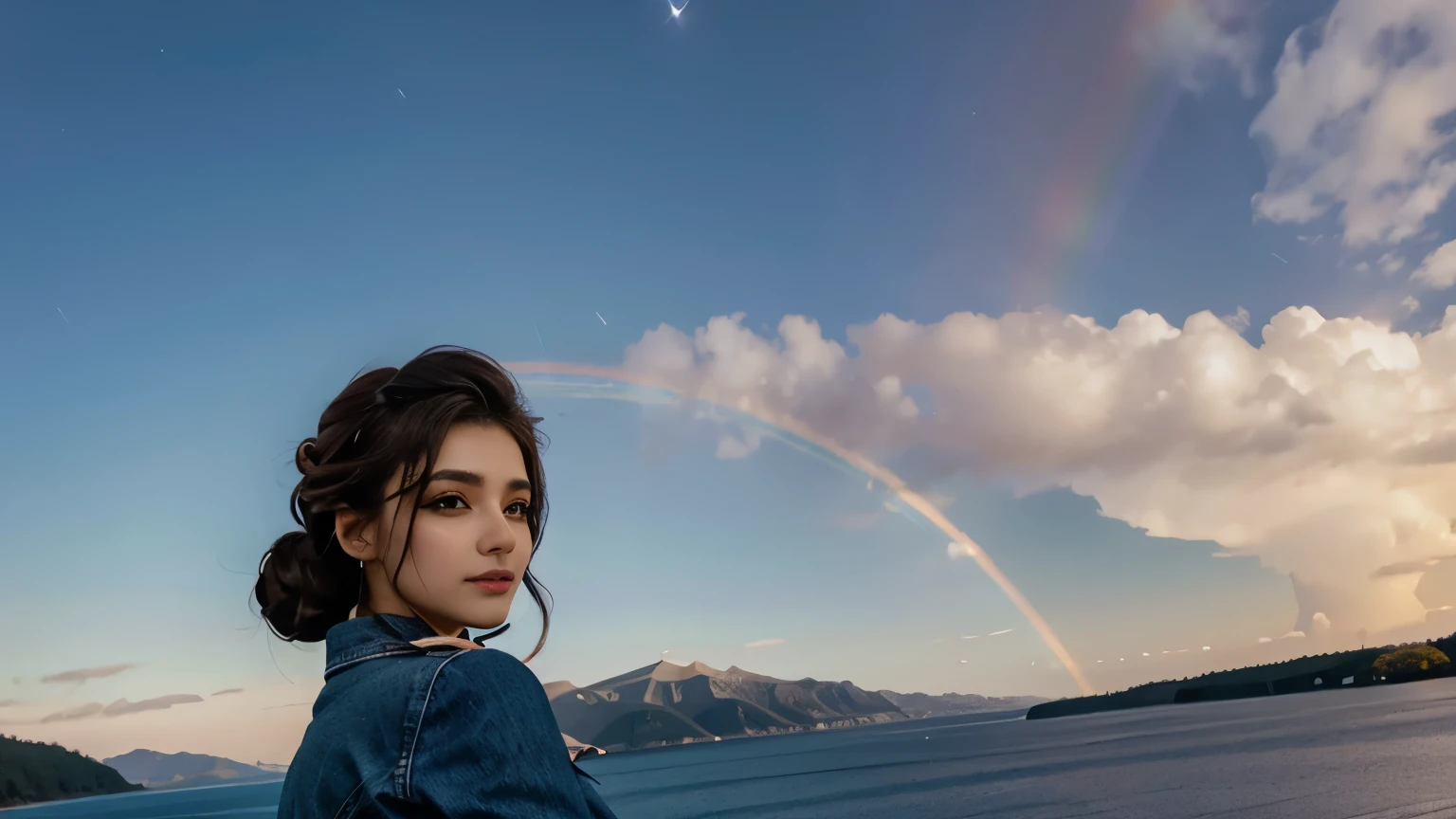 Sıla Türkoğlu, 25 years old, denim jacket, leather skirt, bun hairstyle, another world in the sky, hands behind the back, lake background, shooting star, watching the camera, closeup, close-up, iridescent clouds, sun on the horizon,  BREAK
fire rainbow, Circumhorizontal Arc, BREAK, FREE CURLY HAIR, BREAK
