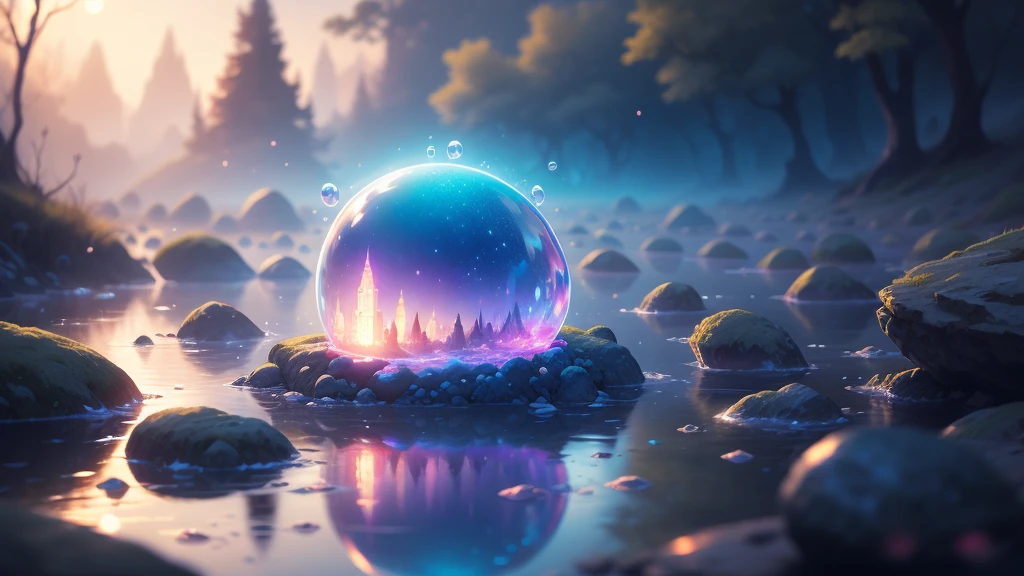 Lake view in the distance,Super cute slime,Reflect light,Colored bubbles,Magical Lake,Very detailed,best quality,Soft lighting, Fantasy style, Vibrant colors