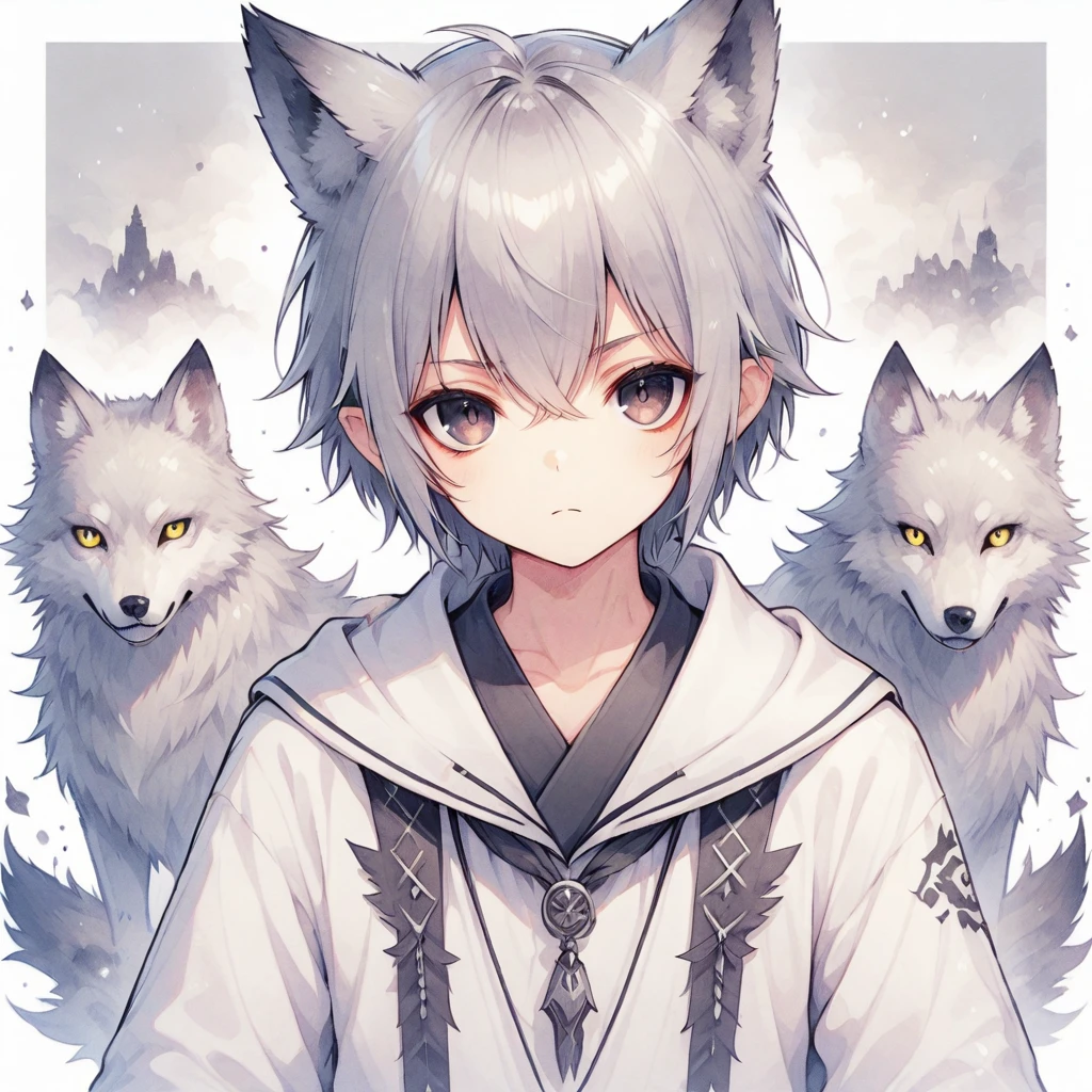 Gray Hair,Dark Eyes,Wolf Ears,boy,mash