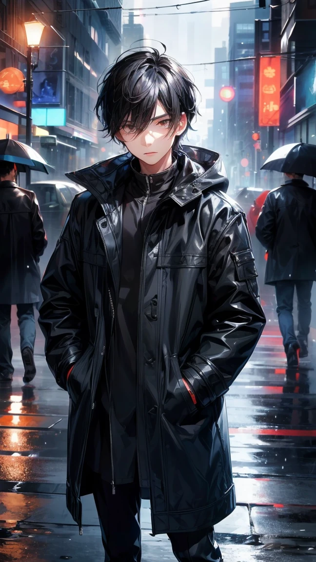 1(boy),black hair,of the night city,rain,coat,Hands in pockets,Always very lazy,Hair with white highlights of different textures,Turn your face slightly,mystery