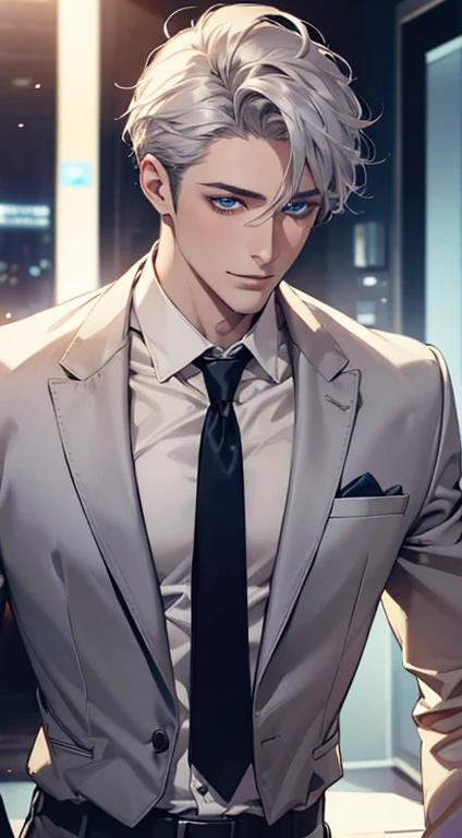 (Highest quality,4K,8K,High resolution,masterpiece:1.2),Super detailed,(Realistic,photoRealistic,photo-Realistic:1.37),1 person,31 years old,Mature Men,Beautiful skin, very handsome,Expressionless,smile in love,Short silver hair,blue eyes,Sharp Eyes,A perfect face without a doubt,Businessman, CEO,Office Background,Cinema Lighting,HDR image,tie、