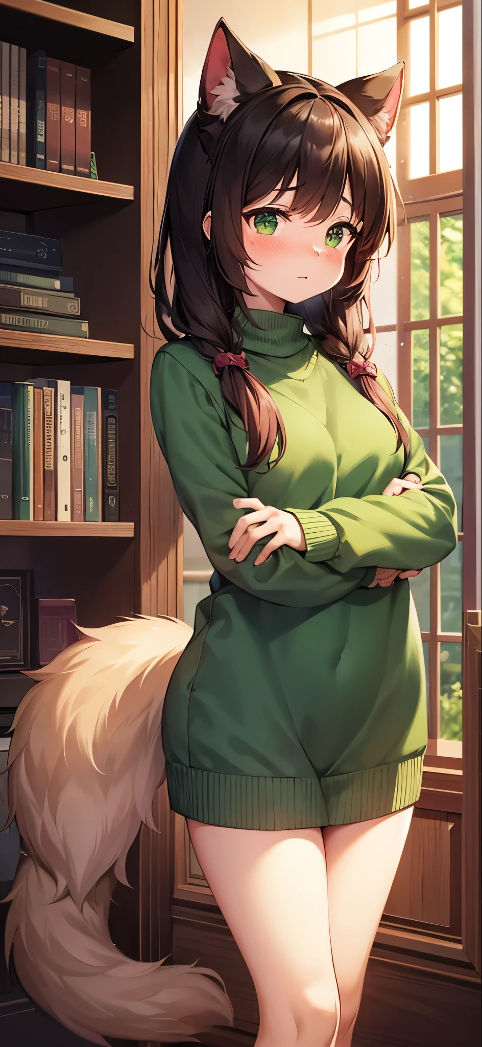 A shy and blushing adult female advocate with cat-like features, wearing green clothes. She has a slightly embarrassed expression, with her cheeks tinted pink. Her posture is a mix of confidence and bashfulness, embodying a tsundere personality. She has cat-like ears that twitch slightly and her eyes convey a mix of shyness and determination. Her hair is styled neatly, complementing her overall elegant appearance. A cat's tail is visible behind her, flicking nervously. The background is a cozy indoor setting, perhaps a library or a study room, highlighting her thoughtful and introspective nature.