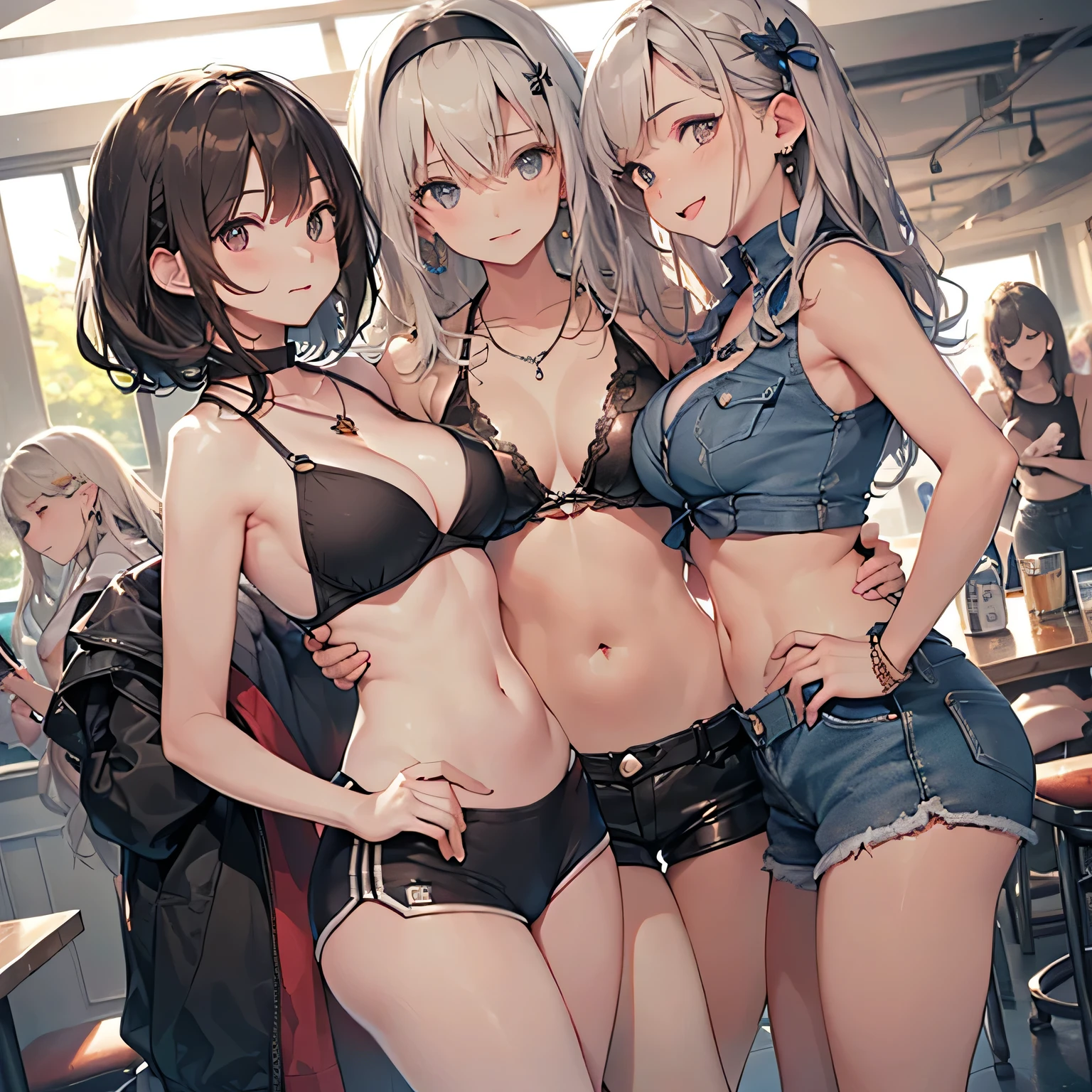 ((masterpiece, 最high quality, 超high quality, high quality, Very detailed, Complex, Perfect Anatomy, Glowing Skin, Cowboy Shot, Ray Tracing,Light hits the front of the body)), (Three Women:1.5), A pretty woman is posing for the camera, (At the pub)、 (shirtを持ち上げる:1.3), (Open your mouth and laugh:1.3), (Stand in line)、(Big Breasts)、hair band, head band, Hair Bobble, blouse, shirt,Silver Hair, Brown Hair, blonde, (belly button), jewelry, Looking at the audience, necklace, Long Hair, short hair, Dynamic Angle, (Obscene lines), (Abdominal muscles), (Written boundary depth), No place to set foot, Packed,
