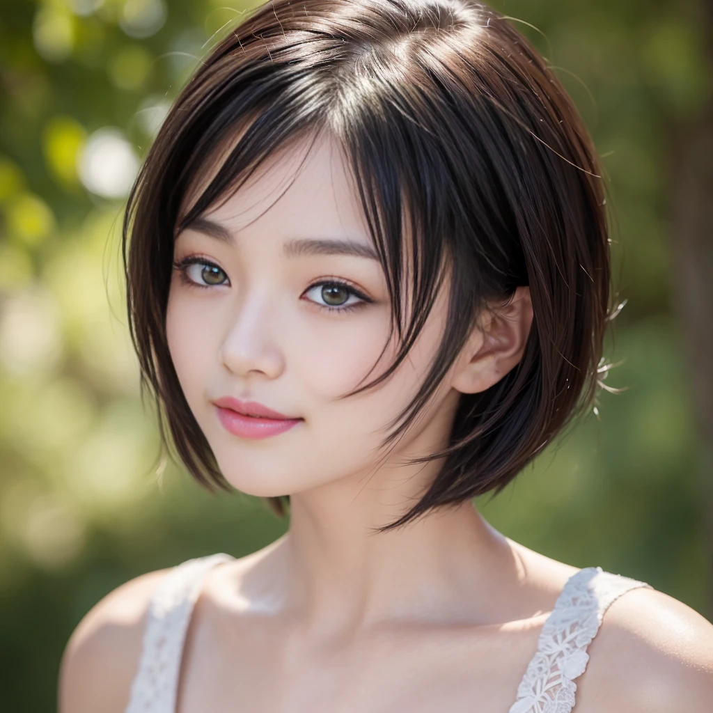 masterpiece, realistic, photorealistic, best quality, beautiful detailed, natural lighting, sharp focus, depth of field, portrait, a beautiful 20-year-old Japanese woman, very short cut hair, looking at viewer, best quality real texture skin, Detailed beautiful delicate face and eyes, double eyelid, smile:1.2, white teeth:1.2
