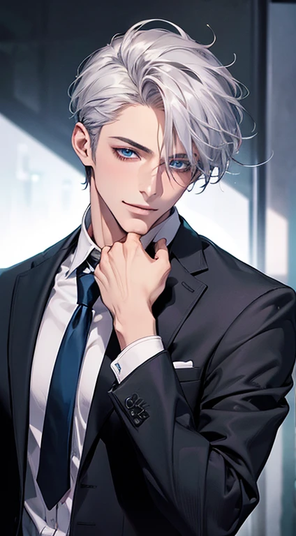 (Highest quality,4K,8K,High resolution,masterpiece:1.2),Super detailed,(Realistic,photoRealistic,photo-Realistic:1.37),1 person,31 years old,Mature Men,Beautiful skin, very handsome,Expressionless,smile in love,Short silver hair,blue eyes,Sharp Eyes,A perfect face without a doubt,Businessman, CEO,Office Background,Cinema Lighting,HDR image,tie、