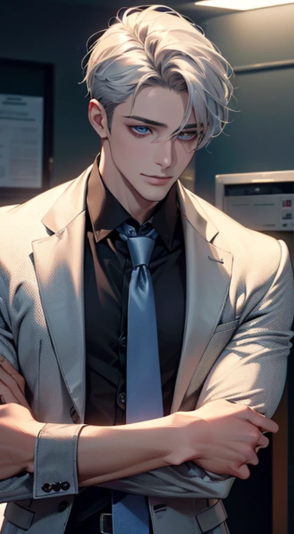 (Highest quality,4K,8K,High resolution,masterpiece:1.2),Super detailed,(Realistic,photoRealistic,photo-Realistic:1.37),1 person,31 years old,Mature Men,Beautiful skin, very handsome,Expressionless,smile in love,Short silver hair,blue eyes,Sharp Eyes,A perfect face without a doubt,Businessman, CEO,Office Background,Cinema Lighting,HDR image,tie、