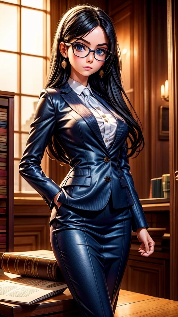 a young female lawyer, formal suit, glasses, courtroom scene, (best quality,4k,8k,highres,masterpiece:1.2),ultra-detailed,(realistic,photorealistic,photo-realistic:1.37),highly detailed facial features,beautiful detailed eyes,beautiful detailed lips,extremely detailed eyes and face,longeyeslashes,professional courtroom interior,sunlight shining through windows,wooden furniture and decor,law books and documents,serious expression,confident pose,elegant hairstyle,dark blue or gray suit,high heels,shallow depth of field,dramatic lighting,cinematic composition,rich colors,dynamic perspective