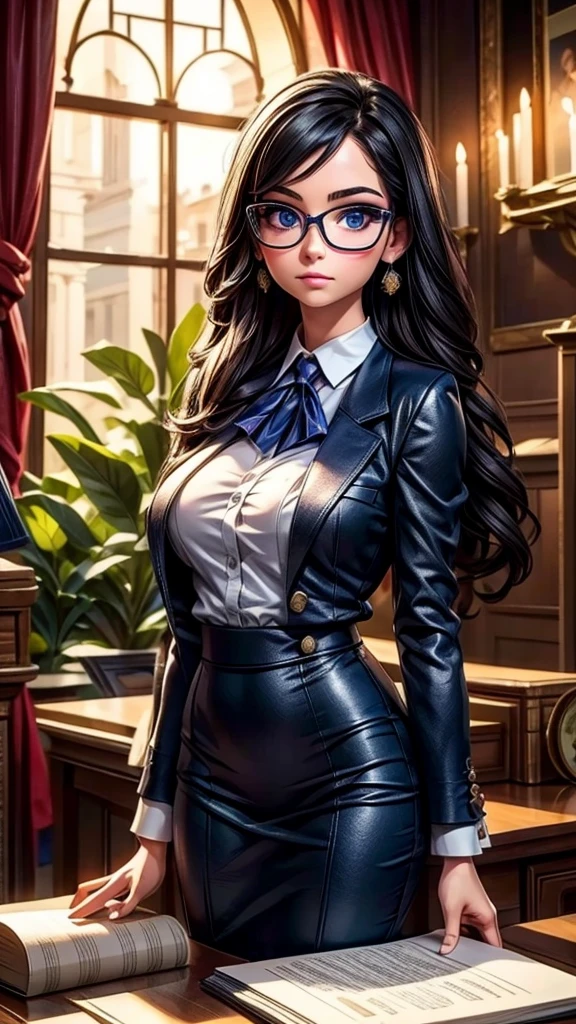 a young female lawyer, formal suit, glasses, courtroom scene, (best quality,4k,8k,highres,masterpiece:1.2),ultra-detailed,(realistic,photorealistic,photo-realistic:1.37),highly detailed facial features,beautiful detailed eyes,beautiful detailed lips,extremely detailed eyes and face,longeyeslashes,professional courtroom interior,sunlight shining through windows,wooden furniture and decor,law books and documents,serious expression,confident pose,elegant hairstyle,dark blue or gray suit,high heels,shallow depth of field,dramatic lighting,cinematic composition,rich colors,dynamic perspective