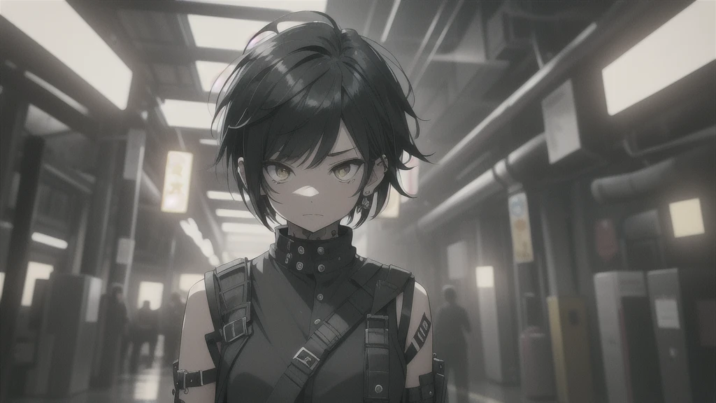 1girl, punk, short hair, black hair, yellow eyes, black dress, black baggy shirt, (sleeveless), tight black dress, spikes bracelet, standing, looking at viewer, facing viewer, expressionless, hands in pockets, indoors, night, night sky, no sunlight, SOLO, masterpiece, extremely detailed CG unity 8k wallpaper, best quality,32k, focus sharp