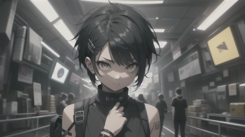 1girl, punk, short hair, black hair, yellow eyes, black dress, black baggy shirt, (sleeveless), tight black dress, spikes bracelet, standing, looking at viewer, facing viewer, expressionless, hands in pockets, indoors, night, night sky, no sunlight, SOLO, masterpiece, extremely detailed CG unity 8k wallpaper, best quality,32k, focus sharp