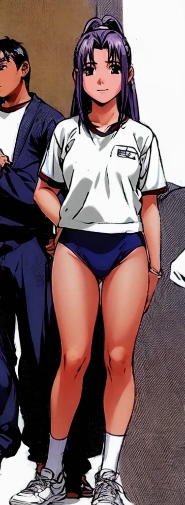 Momoko Koigakubo, a tall girl with beautiful legs, is standing with a smile on her face in a white gym uniform and light navy blue bloomers that look like panties.。Momoko Koigakubo is holding a young boy in a tracksuit.。