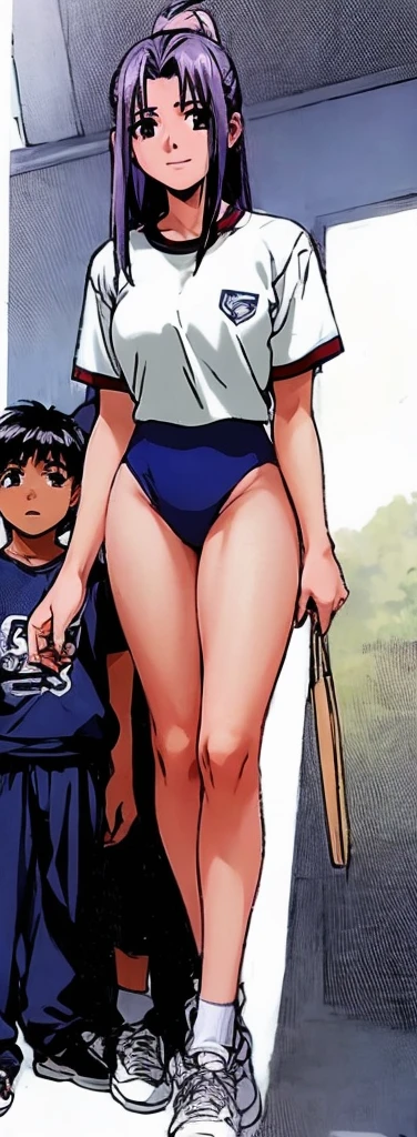 Momoko Koigakubo, a tall girl with beautiful legs, is standing with a smile on her face in a white gym uniform and light navy blue bloomers that look like panties.。Momoko Koigakubo is holding a young boy in a tracksuit.。