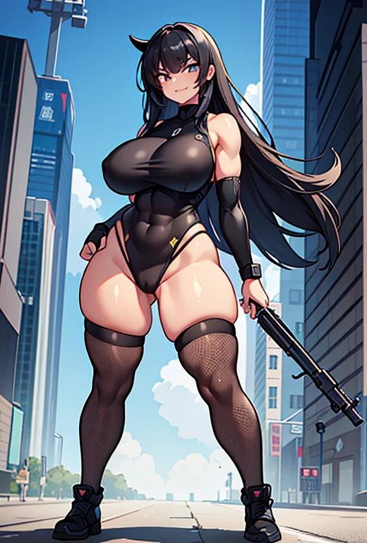 young girl, Pullover, whole body to see, straight hair, (( very wide hips)), (((colossal Thighs, gigantic thighs, very huge thighs, very big thighs))), fullbody, soldier girl, Fit girl, ABS, high cut leotard, Cyberpunk, angry smile, holding gun, Battle, long hair, big smile showing teeth, exited, Fishnets stockings, freckles, sleveless, shoulderless, black hair,