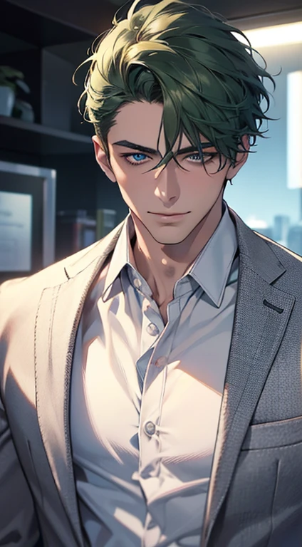 (best quality,4k,8k,highres,masterpiece:1.2),ultra-detailed,(realistic,photorealistic,photo-realistic:1.37),1 man,31 years old,mature man,very handsome,without expression,smile,short green hair,blue eyes,penetrating gaze,perfect face without errors,imposing posture,businessman,office background,cinematic lighting,hdr image