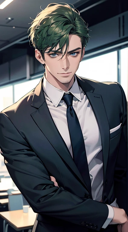 (best quality,4k,8k,highres,masterpiece:1.2),ultra-detailed,(realistic,photorealistic,photo-realistic:1.37),1 man,31 years old,mature man,very handsome,without expression,smile,short green hair,blue eyes,penetrating gaze,perfect face without errors,imposing posture,businessman,office background,cinematic lighting,hdr image