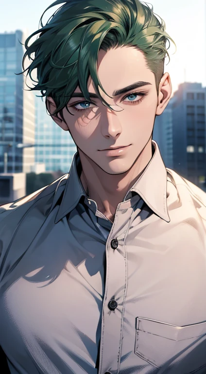 (best quality,4k,8k,highres,masterpiece:1.2),ultra-detailed,(realistic,photorealistic,photo-realistic:1.37),1 man,31 years old,mature man,very handsome,without expression,smile,short green hair,blue eyes,penetrating gaze,perfect face without errors,imposing posture,businessman,office background,cinematic lighting,hdr image