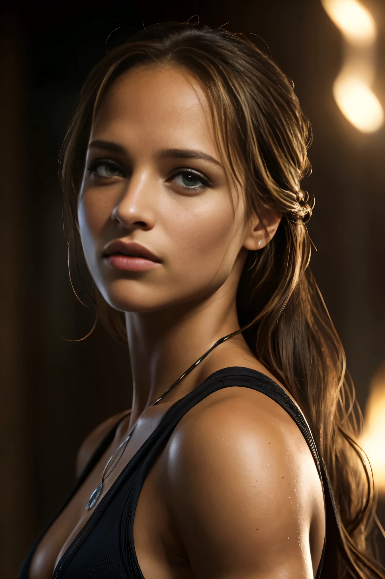 Alicia Vikander as Lara Croft, (uhd, 8K wallpaper, High resolution), Cinematic lighting, award-winning, extremely detailed skin, extra detailed face, photo-realistic, high detail eyes, Carl Zeiss 85 mm F/1.4, bokeh, by Ellen von Unwerth