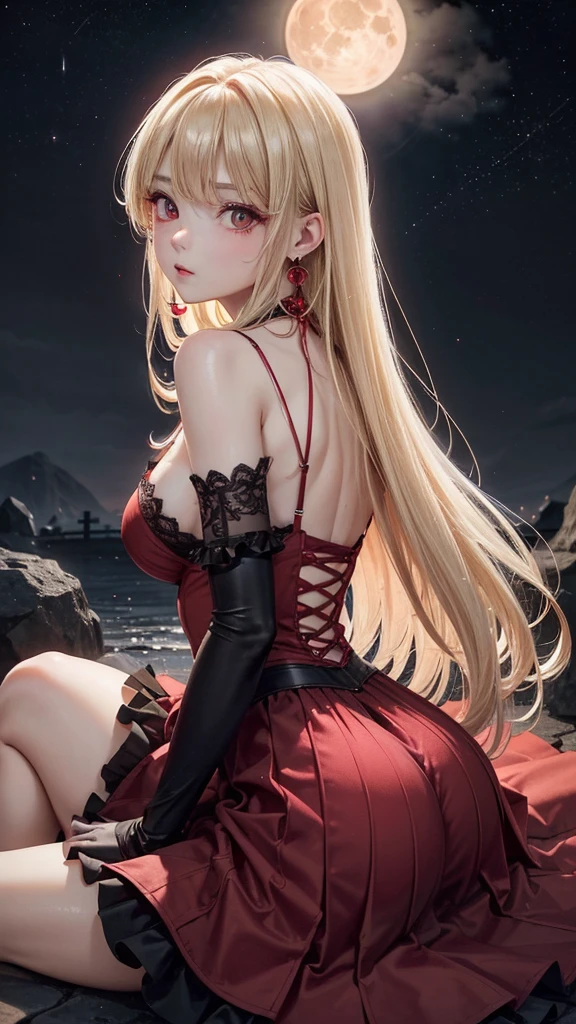 (Highest quality,Very detailed,High resolution:1.2),One Girl,Blonde,The most beautiful girl in human history,(1 photo from the front)、暗い red eyes (暗いred eyes:1.1),さみし気なaura(aura:1.1),(mysterious,Ghostly:1.1) atmosphere,Looks like half a demon,(Demonic traits,Demonic traits),(Elaborate,wonderful) Earrings,Small Ass,Elongated beautiful legs、Gothic Lolita clothing、Long skirt、Red camisole、Semi-long hair that reaches the shoulders, ((Upper Body Shot)), (Focus on the chest and face), Medium sized big breasts,A big full moon shines in the dark night sky、Dirty body、Clear eyes、Sitting