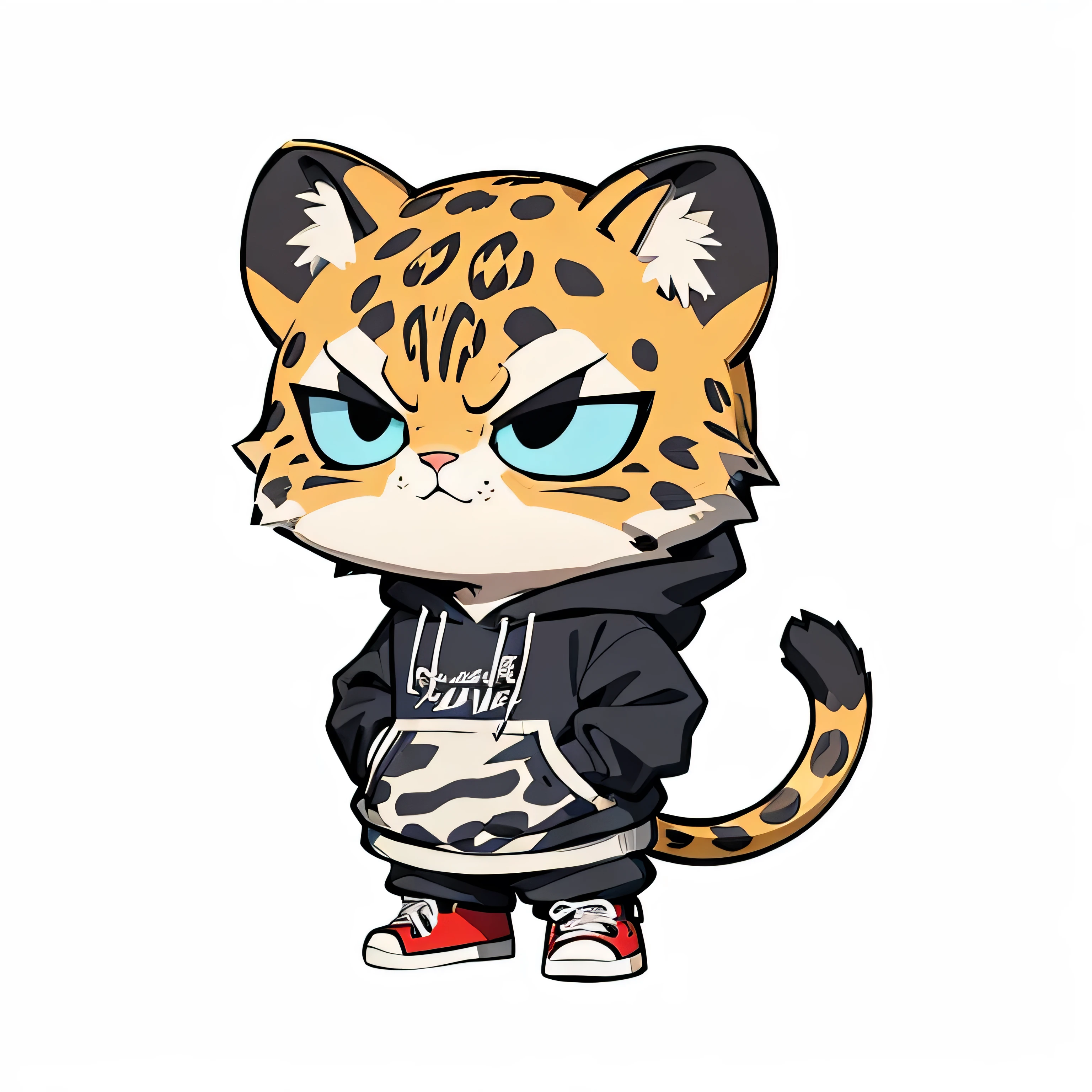 Cartoon image of A Cool Leopard wearing black hoodie, hands in pockets, Black pants, Red sneaker, Cartoon style illustration, Cartoon Art Style, Cartoon Art Style, Digital illustration style, Highly detailed character design, cute detailed digital art, Fan Art, Animal Sticker, Animal Character Design, Sticker Design, beautiful digital illustration, high quality full body sticker, Comic art, Kawaii Character Design, Chibi, Chibi Design, white background