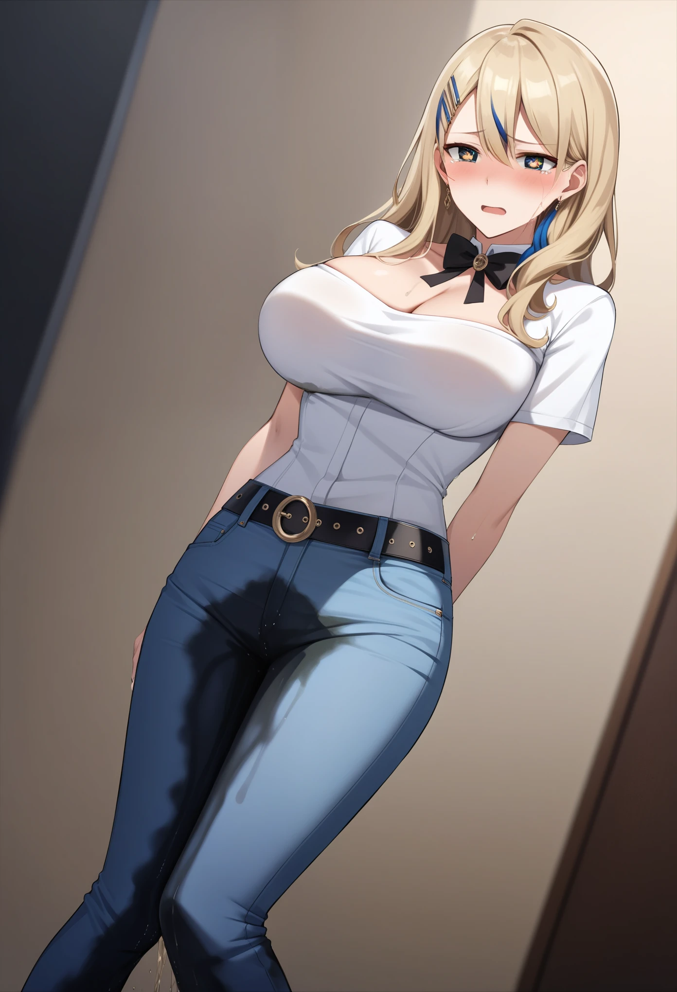 (high quality,Very detailed:1.37, High resolution), Woman, Serval Landau, jeans, large breasts, wetting herself, (standing:1.5), embarrassed, humiliation, (sweating:1.5), (blushing:1.5), Meticulous details, (extremely detailed eyes:1.37)