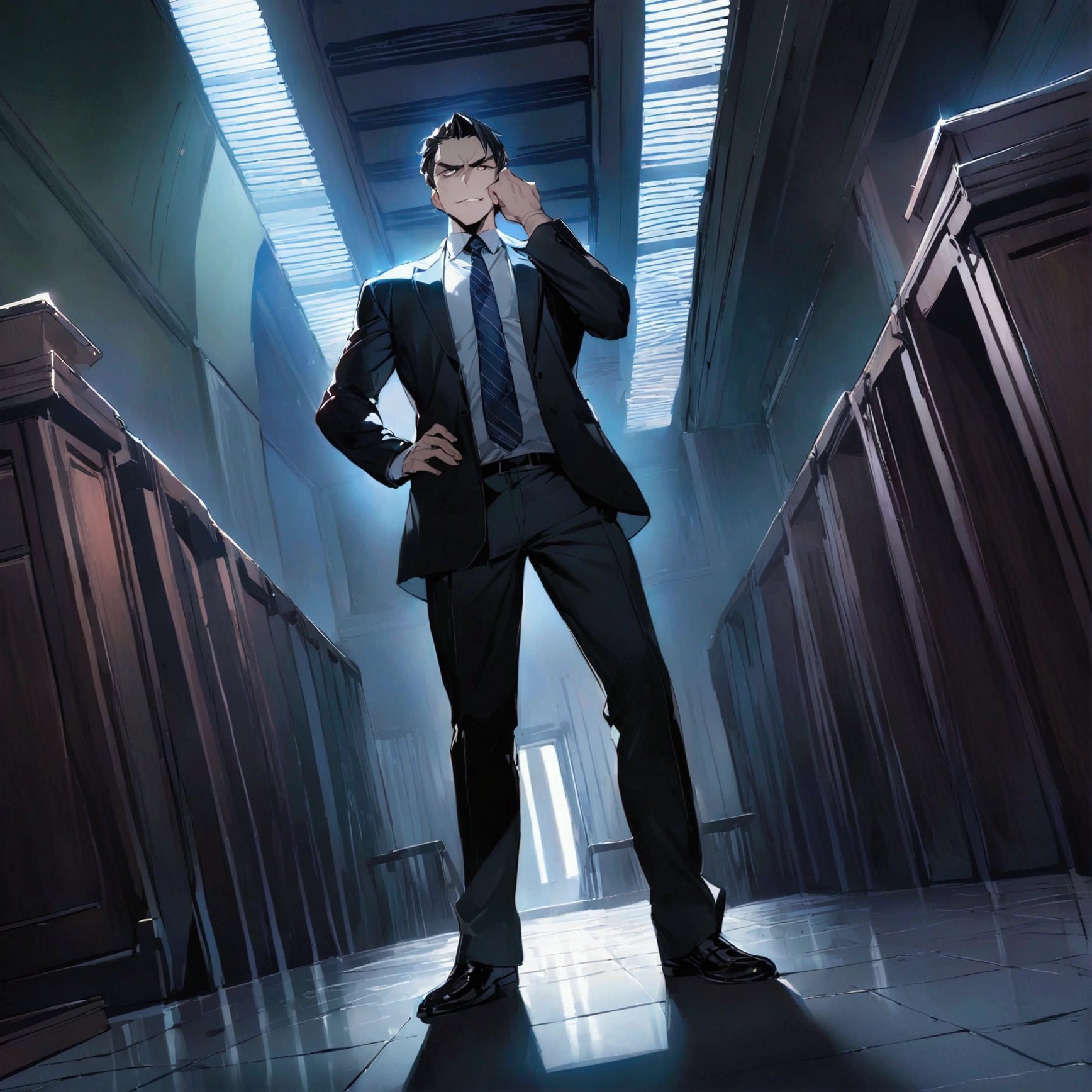 Masterpiece:1.1,Highest quality,8k,2D,official art,courtroom,1boy,a lawyer is talking enthusiastically,standing,evil smile,troubled eyebrows,Bright fluorescent lighting,looking at viewer, dynamic angle,one hand up,one hand on hip,