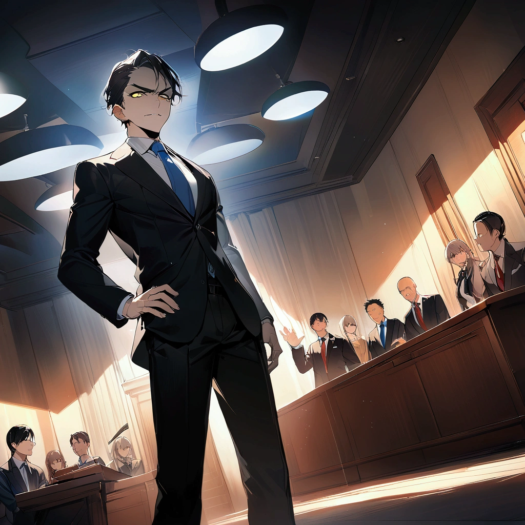 Masterpiece:1.1,Highest quality,8k,2D,official art,courtroom,1boy,a lawyer is talking enthusiastically,standing,evil smile,troubled eyebrows,Bright fluorescent lighting,looking at viewer, dynamic angle,one hand up,one hand on hip,