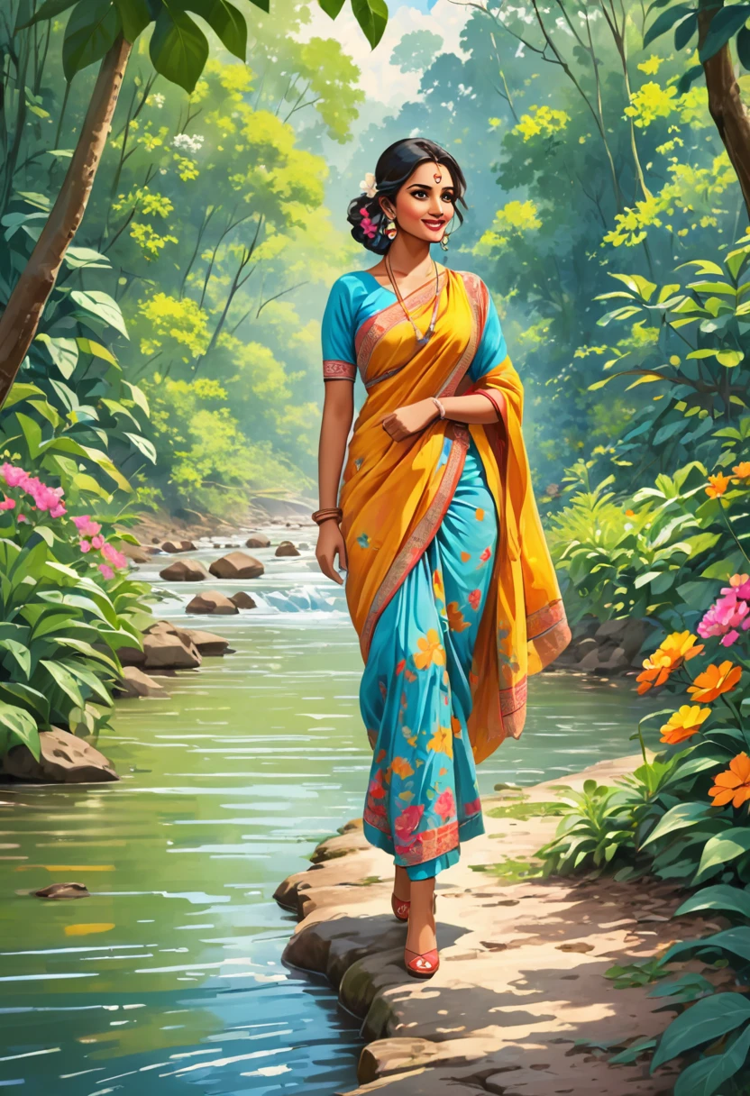 Beautiful indian lady walking around river in the spring season jungle