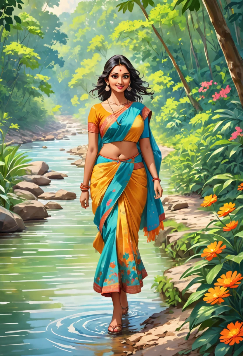 Beautiful indian lady walking around river in the spring season jungle